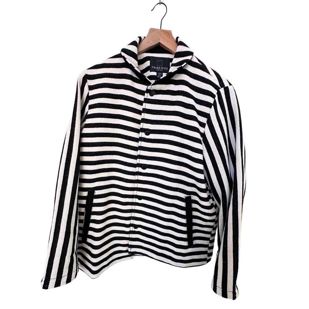 Fried Rice NYC- Black Pinstripe Asymmetrical Mens Chore Jacket Size SM